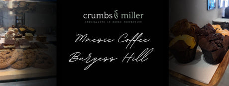 Mnesic Coffee in Burgess Hill showcasing Crumbs & Miller pastries and baked goods from a frozen supplier.